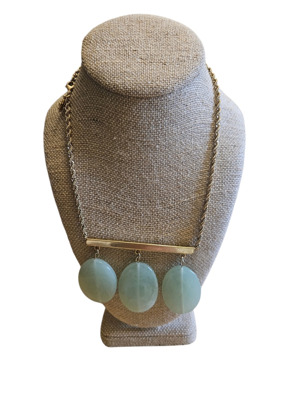 Gold Tone Bar Necklace Green Acrylic Disc Dangle Minimalist 18 Inch Rope Chain